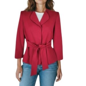 Tahari ASL Blazer Size 8 Red Hidden Snap Closure Front Attached Tie Belt Lined